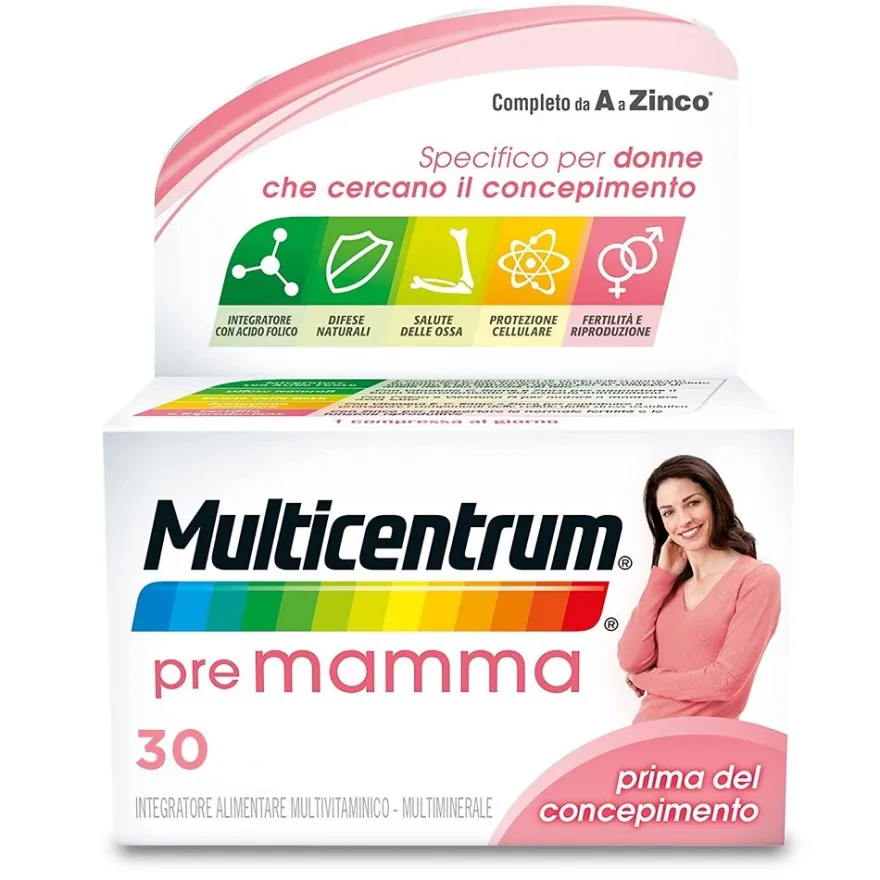 Multicentrum Pre-Mamma Integratore Alimentare Multivitaminico Acido Folico Calcio Vitamina D E 30 Compresse