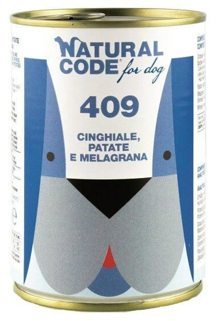 Natural Code 409 Cibo Umido Con Cinghiale/Patate/Melograno Per Cani Adulti Barattolo 400g