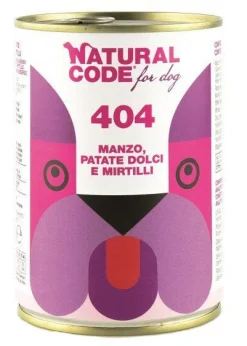 Natural Code 404 Cibo Umido Con Manzo/Patate Dolci/Mirtilli Per Cani Adulti Barattolo 400g