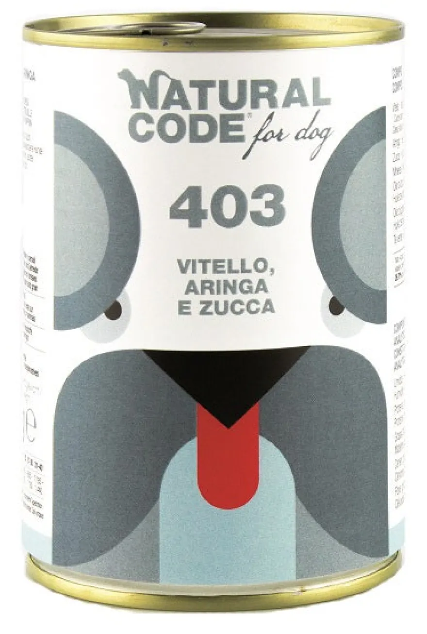 Natural Code 403 Cibo Umido Con Vitello/Aringa/Zucca Per Cani Adulti Barattolo 400g