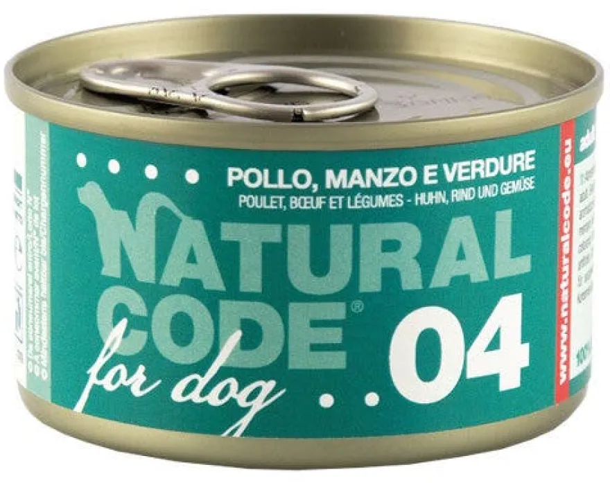 Natural Code 04 Pollo, Manzo E Verdure Cani Adulti Lattina 90g
