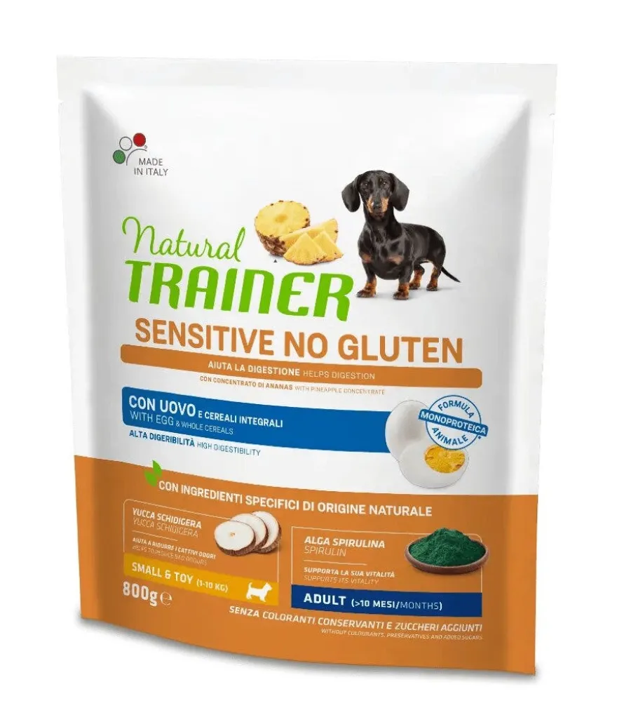 Natural Trainer Cane Sensitive No Gluten Small & Toy Adult con Uovo e Cereali Integrali 800g