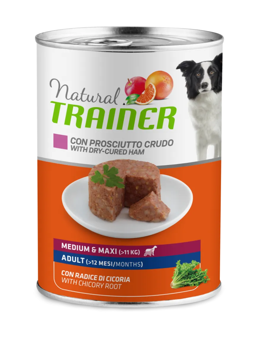 Natural Trainer Cibo Umido Prosciutto Crudo/Riso Per Cani Adulti Taglia Media/Grande Lattina 400g