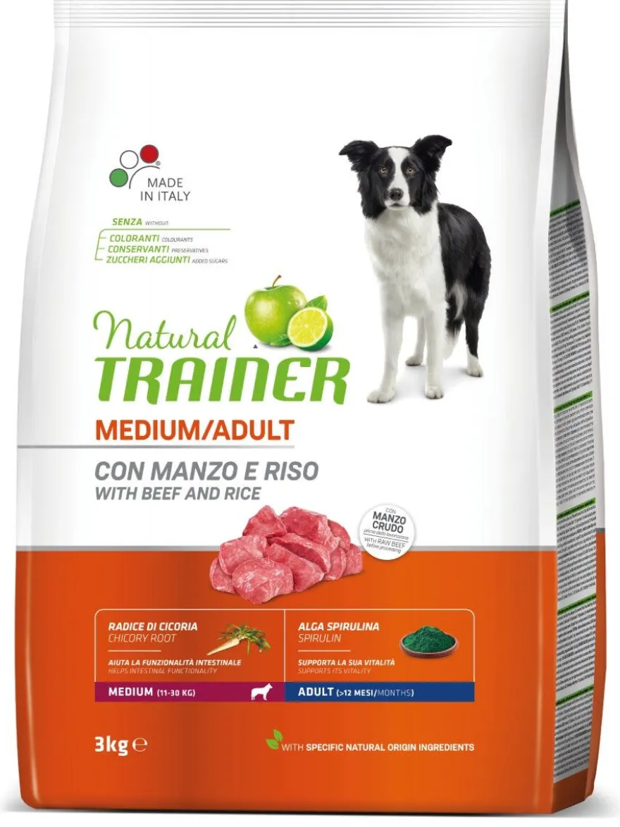 Natural Trainer Crocchette Manzo/Riso Per Cani Adulti Taglia Media Sacco 3kg