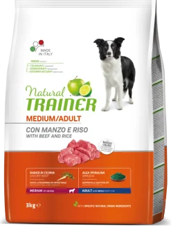 Natural Trainer Crocchette Manzo/Riso Per Cani Adulti Taglia Media Sacco 3kg