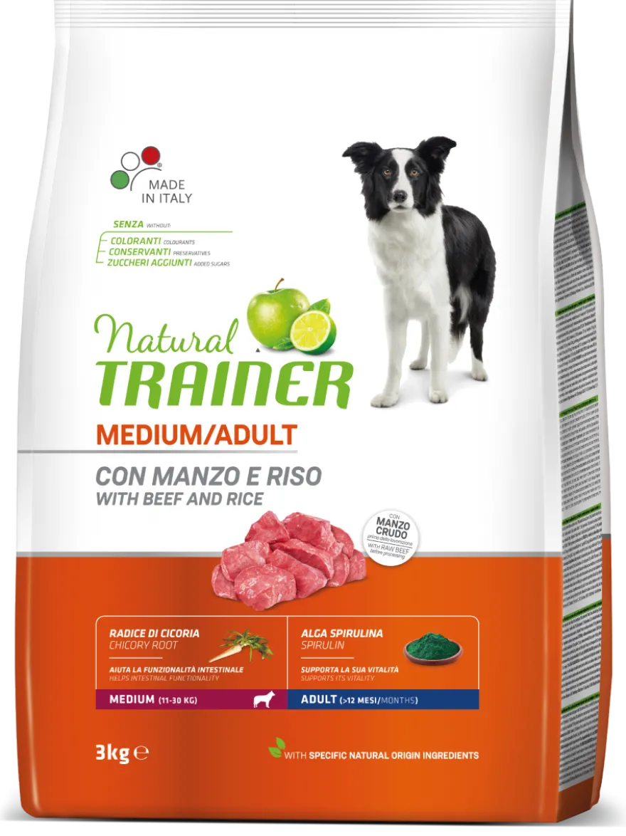 Natural Trainer Crocchette Manzo/Riso Per Cani Adulti Taglia Media Sacco 3kg