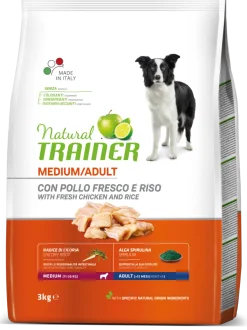 Natural Trainer Crocchette Pollo Fresco/Riso/Alga Spirulina Per Cani Adulti Taglia Media Sacco 3kg