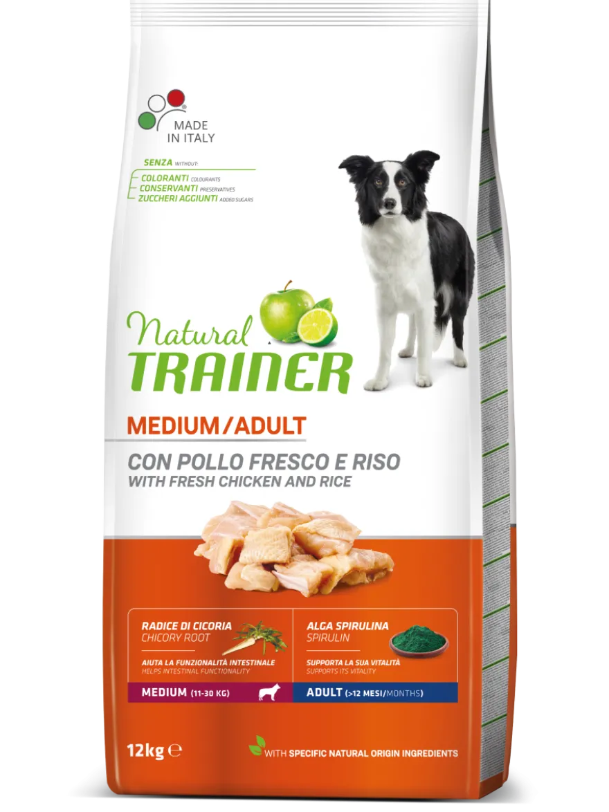Natural Trainer Crocchette Pollo/Riso/Alga Spirulina Per Cani Adulti Taglia Media Sacco 12kg