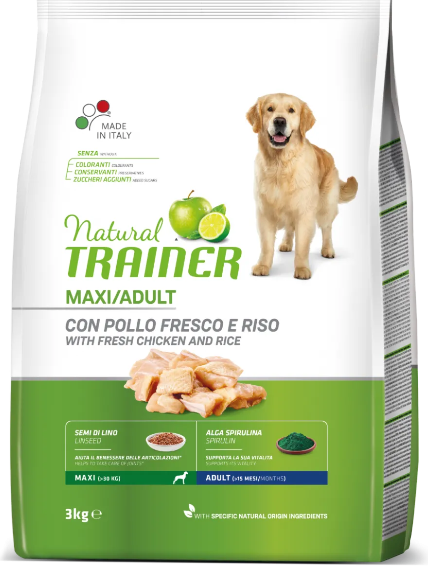 Natural Trainer Crocchette Pollo/Riso/Alga Spirulina Per Cani Adulti Taglia Grande Sacco 3kg
