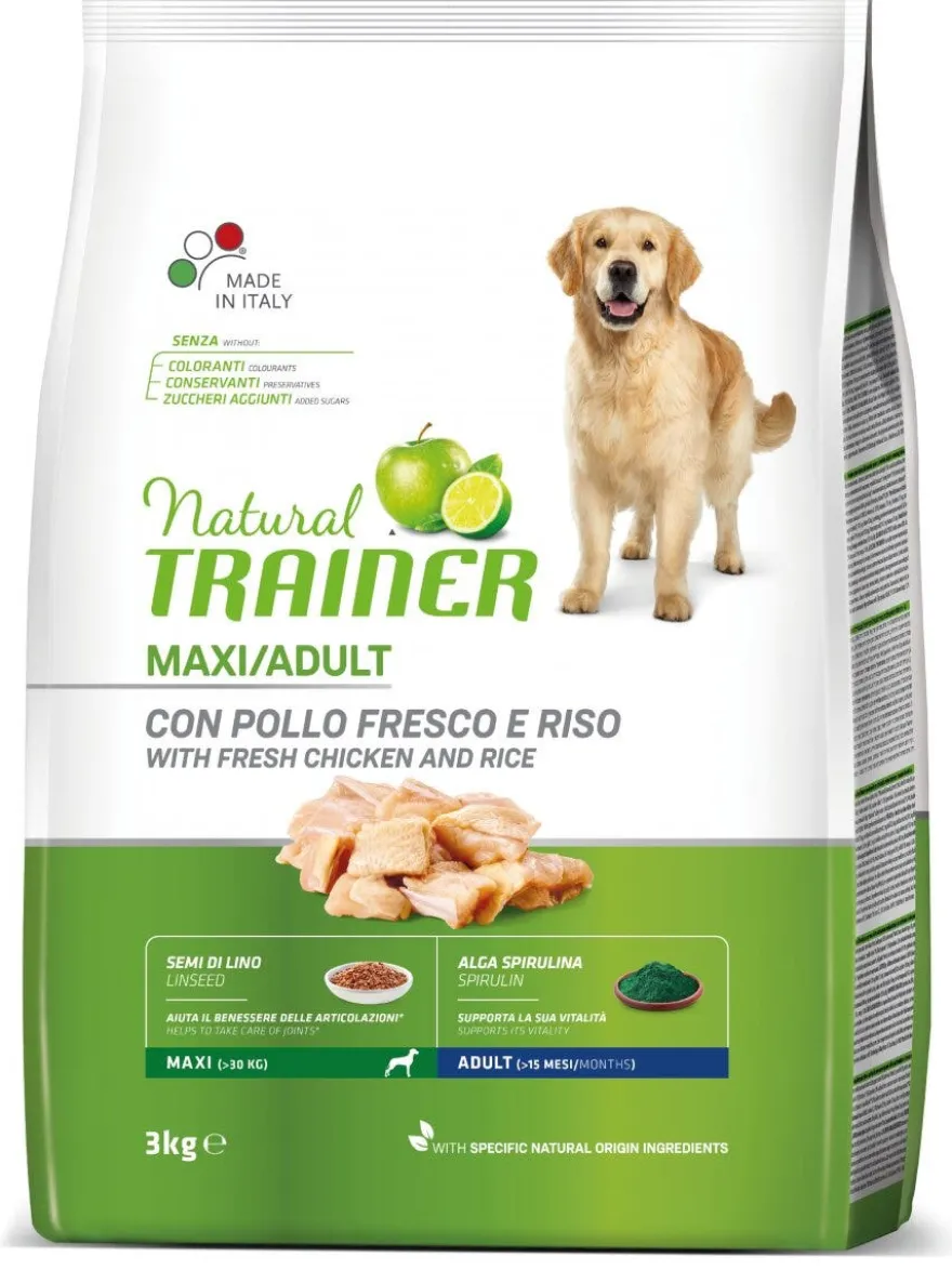 Natural Trainer Crocchette Pollo/Riso/Alga Spirulina Per Cani Adulti Taglia Grande Sacco 3kg