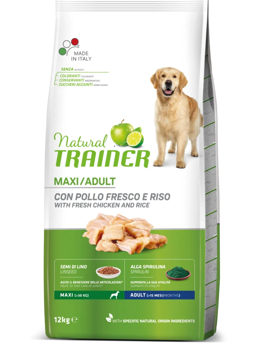 Natural Trainer Crocchette Pollo/Riso/Alga Spirulina Per Cani Adulti Taglia Grande Sacco 12kg