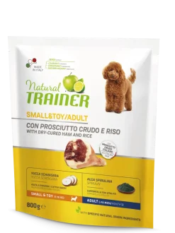 Natural Trainer Crocchette Prosciutto Crudo/Riso Per Cani Adulti Taglia Piccola Sacco 800g