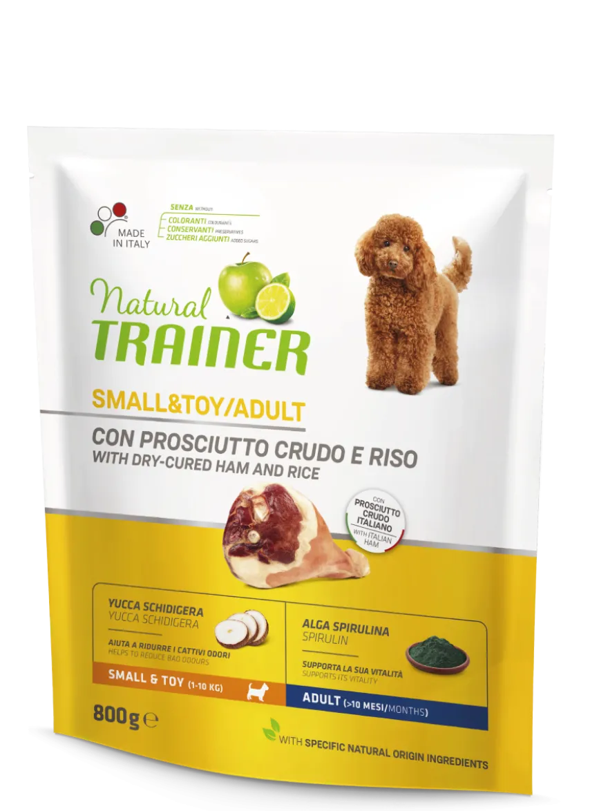 Natural Trainer Crocchette Prosciutto Crudo/Riso Per Cani Adulti Taglia Piccola Sacco 800g