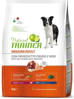 Natural Trainer Crocchette Prosciutto Crudo/Riso Per Cani Adulti Taglia Media Sacco 3kg