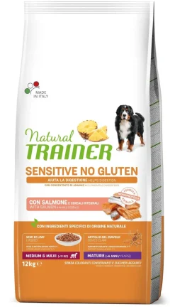 Natural Trainer Sensitive Mature Senza Glutine Crocchette Al Salmone Per Cani Senior Taglia Media/Grande Sacco 12kg