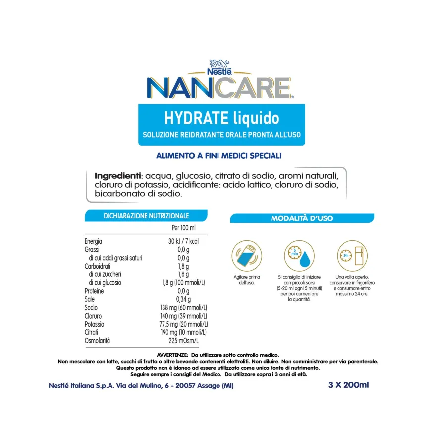 Nestlé Nancare Hydrate Alimento A Fini Medici Speciali Alla Fragola 3 Brick Da 200ml