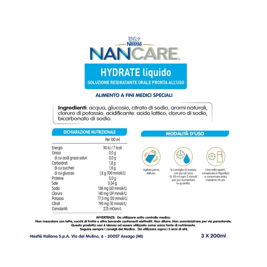 Nestlé Nancare Hydrate Alimento A Fini Medici Speciali Alla Fragola 3 Brick Da 200ml