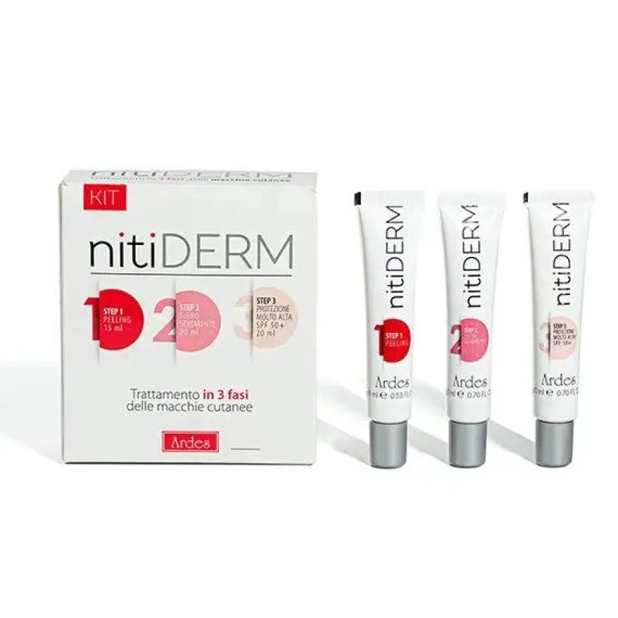 Nitiderm Kit Macchie Cutanee Peeling 15ml + Siero Schiarente 20ml + Protezione Molto Alta SPF50+ 20ml