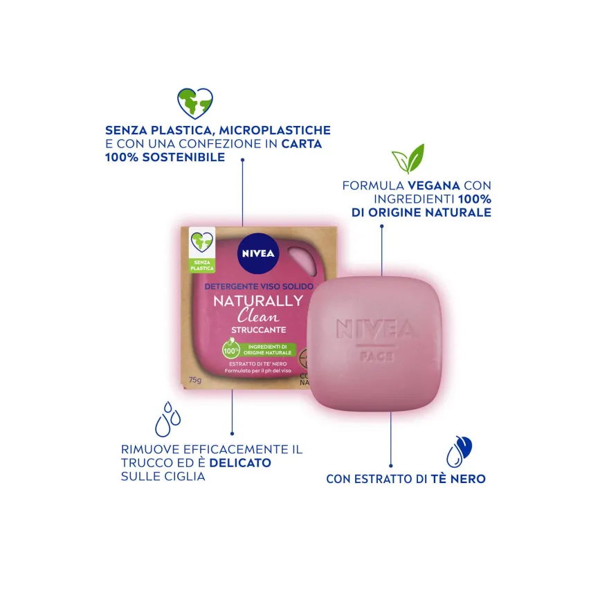 Nivea Naturally Clean Struccante Viso 75g Detergente Viso Struccante Solido Naturale Formula Vegana