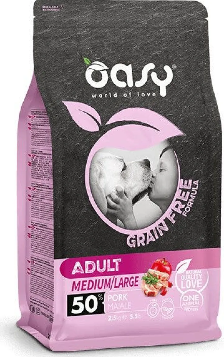 Oasy Grain Free Formula Cibo Secco Maiale Per Cani Adulti Taglia Media/Grande 2,5kg