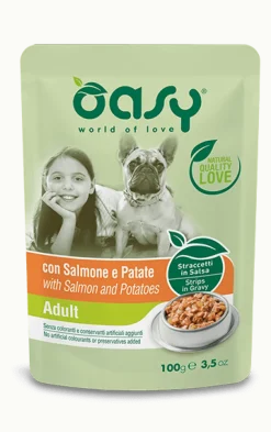 Oasy Straccetti In Salsa Con Salmone E Patate Per Cani Adulti Bustina 100g