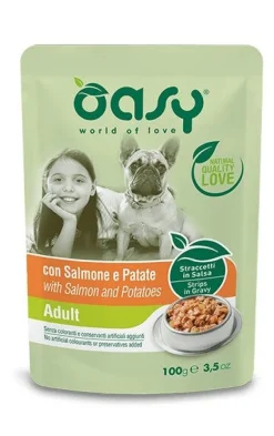 Oasy Straccetti In Salsa Con Salmone E Patate Per Cani Adulti Bustina 100g