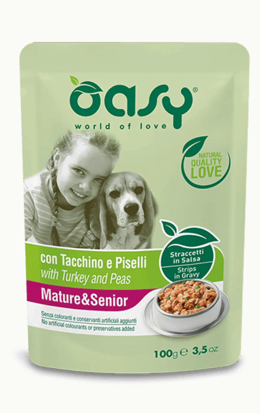 Oasy Straccetti In Salsa Con Tacchino E Piselli Per Cani Adulti/Anziani Bustina 100g
