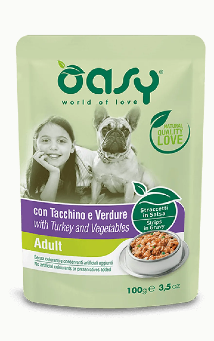 Oasy Straccetti In Salsa Con Tacchino E Verdure Per Cani Adulti Bustina 100g