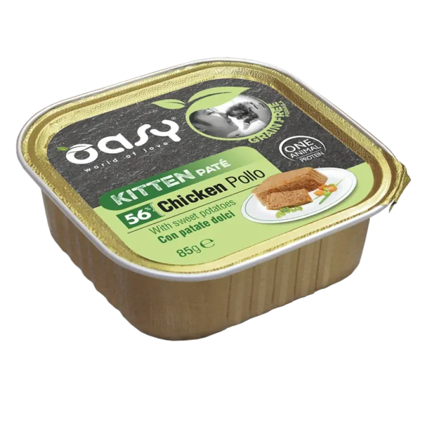 Oasy Wet Cat Grain Free Kitten Pollo con Patate Dolci Vaschetta 85 g