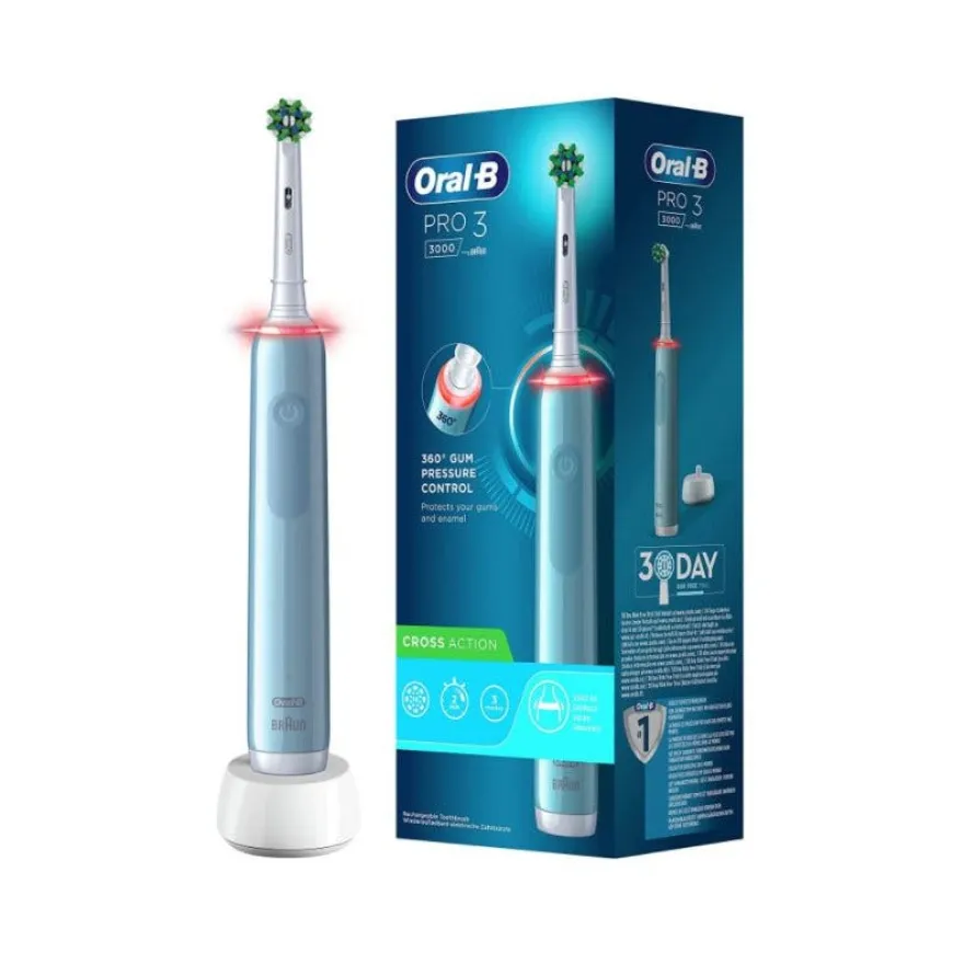 Oral-B Pro 3 Blue Crossaction Spazzolino Elettrico Con Sensore Di Pressione Dello Spazzolamento + 1 Testina