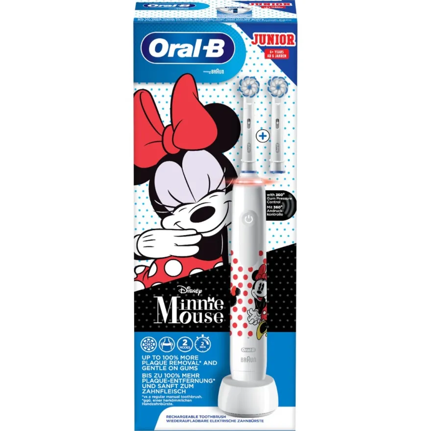 Oral-B Spazzolino Elettrico Ricaricabile Junior Minnie +6 Anni, 2 Testine, 1 Spazzolino