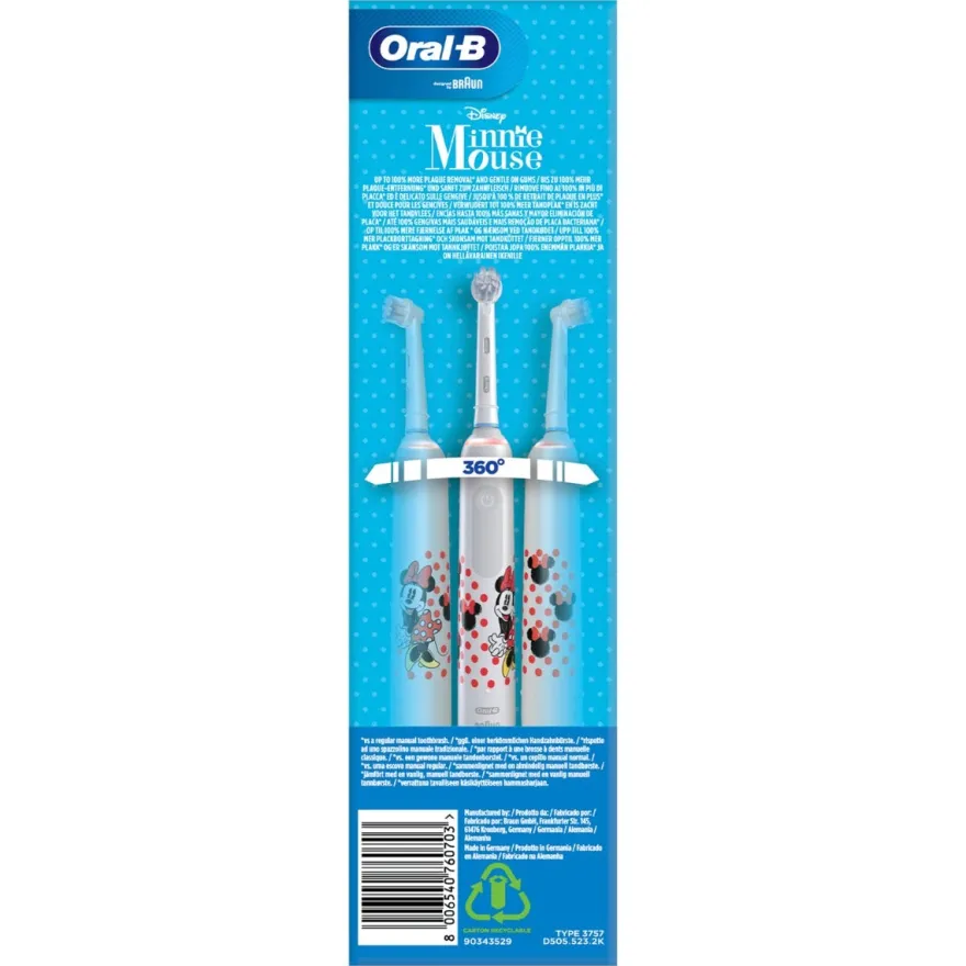 Oral-B Spazzolino Elettrico Ricaricabile Junior Minnie +6 Anni, 2 Testine, 1 Spazzolino