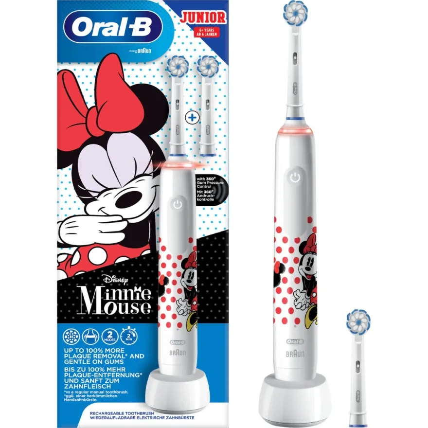Oral-B Spazzolino Elettrico Ricaricabile Junior Minnie +6 Anni, 2 Testine, 1 Spazzolino
