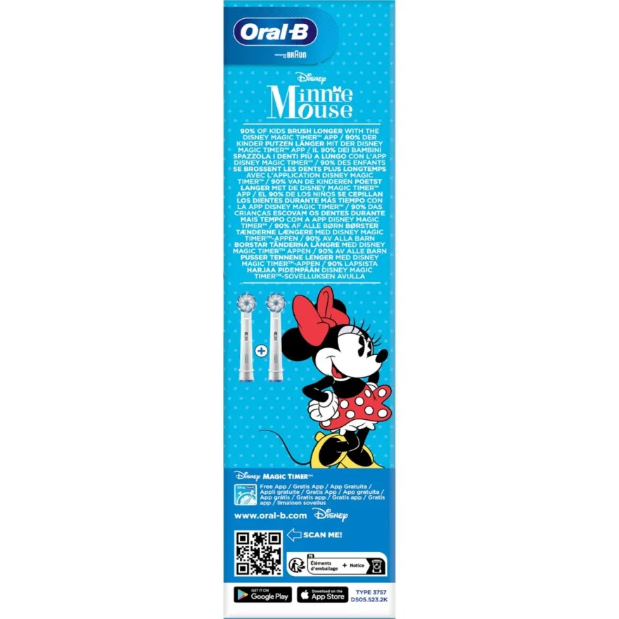 Oral-B Spazzolino Elettrico Ricaricabile Junior Minnie +6 Anni, 2 Testine, 1 Spazzolino