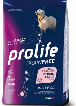 Prolife Dog Grain Free Sensitive Pork & Potato Cibo Secco Per Cani Adulti Taglia Media/Grande Sacco 10 Kg