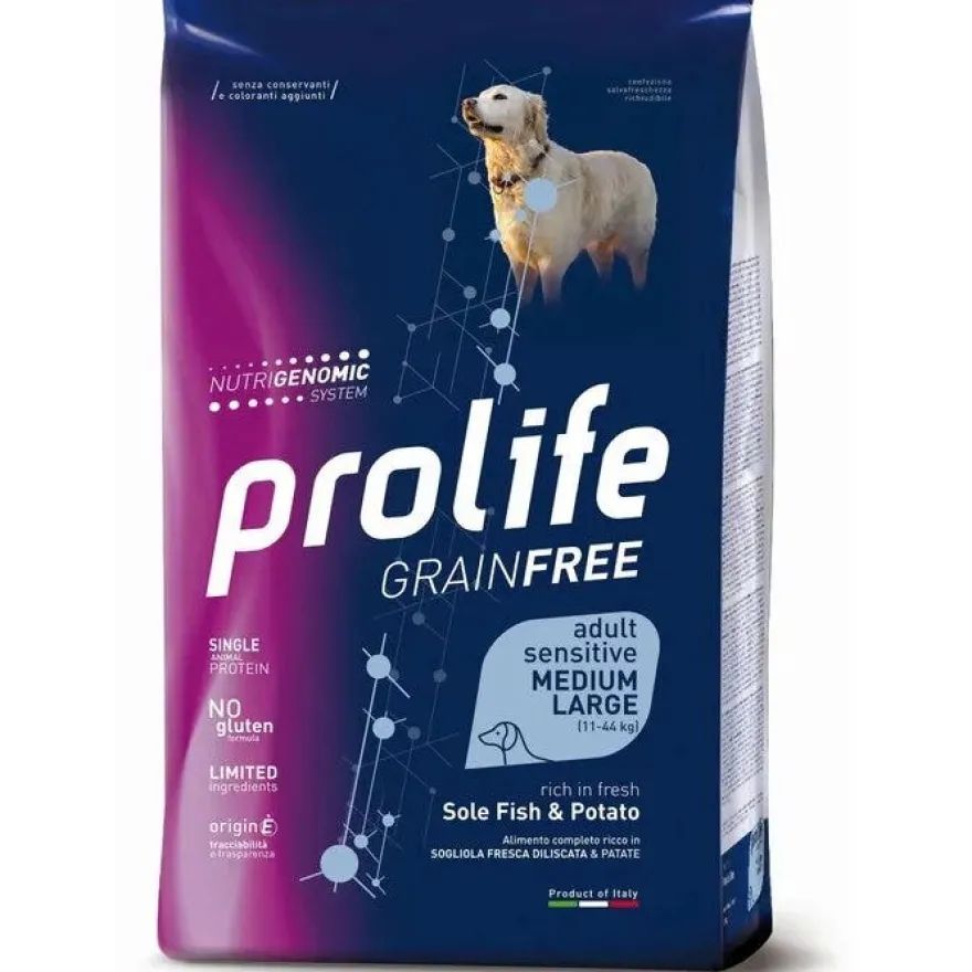Prolife Dog Grain Free Sensitive Sole Fish & Potato Cibo Secco Per Cani Adulti Taglia Media/Grande Sacco 10 Kg