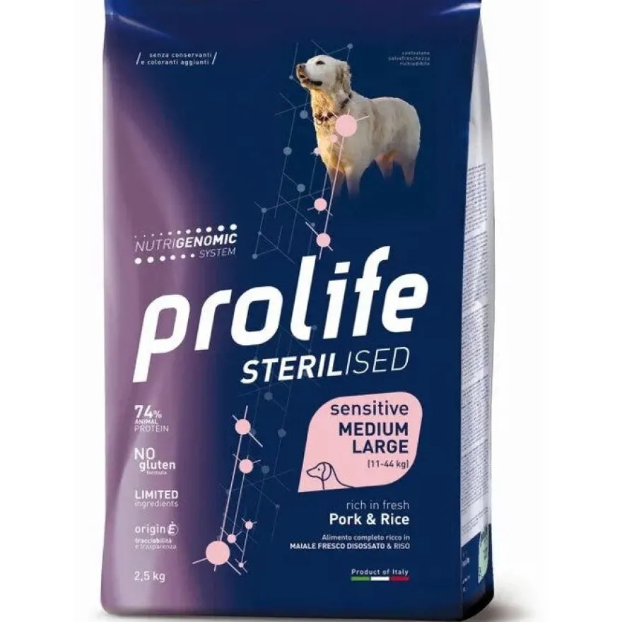 Prolife Dog Sterilised Sensitive Pork & Rice Cibo Secco Per Cani Adulti Sterilizzati Taglia Media/Grande Sacco 12 kg