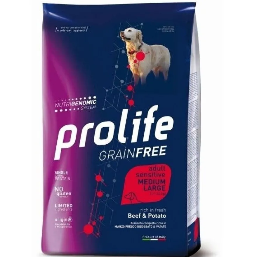 Prolife Grain Free Adult Sensitive Beef & Potato Cibo Secco Per Cani Taglia Media/Grande Sacco 2,5Kg