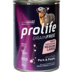 Prolife Grain Free Maiale Con Patate Cibo Umido Per Cani Adulti Taglia Media/Grande Lattina 800g