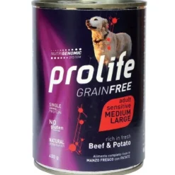 Prolife Grain Free Manzo Fresco Con Patate Cibo Umido Per Cani Adulti Taglia Media/Grande Lattina 800g