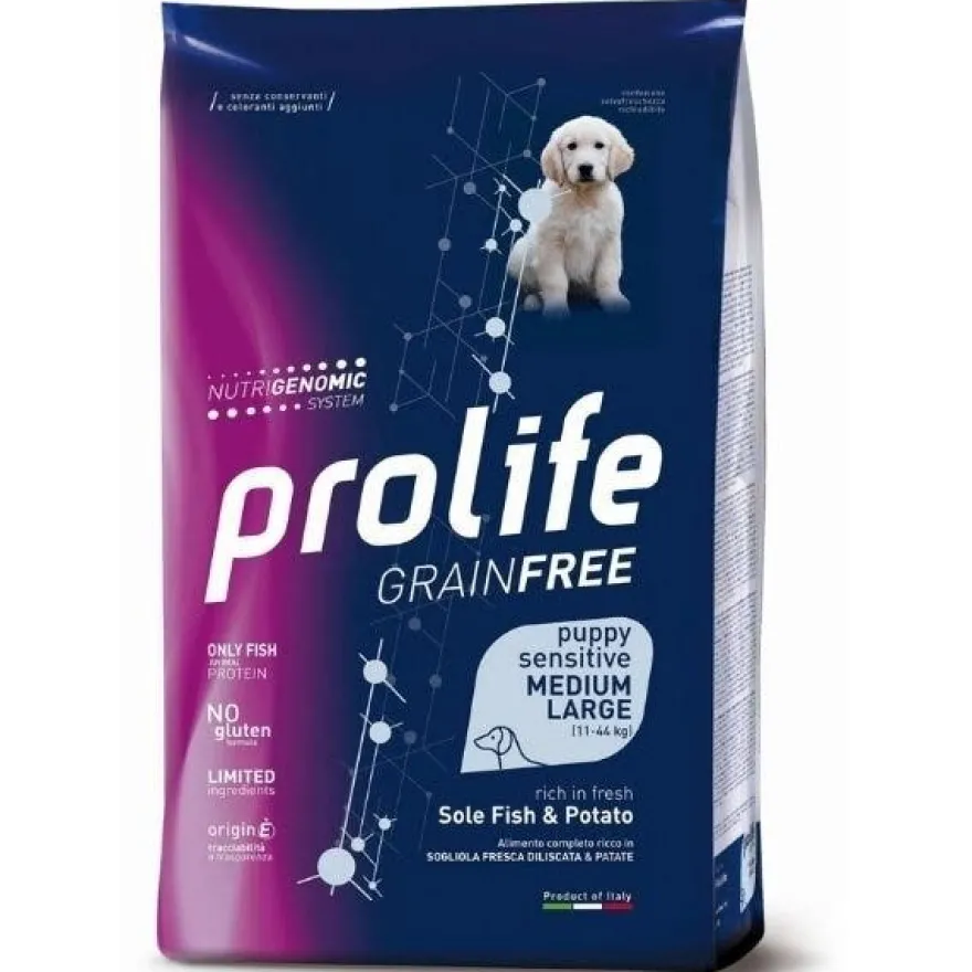 Prolife Grain Free Sensitive Sole Fish & Potato Cibo Secco Per Cani Cuccioli Taglia Media/Grande Sacco 10 kg
