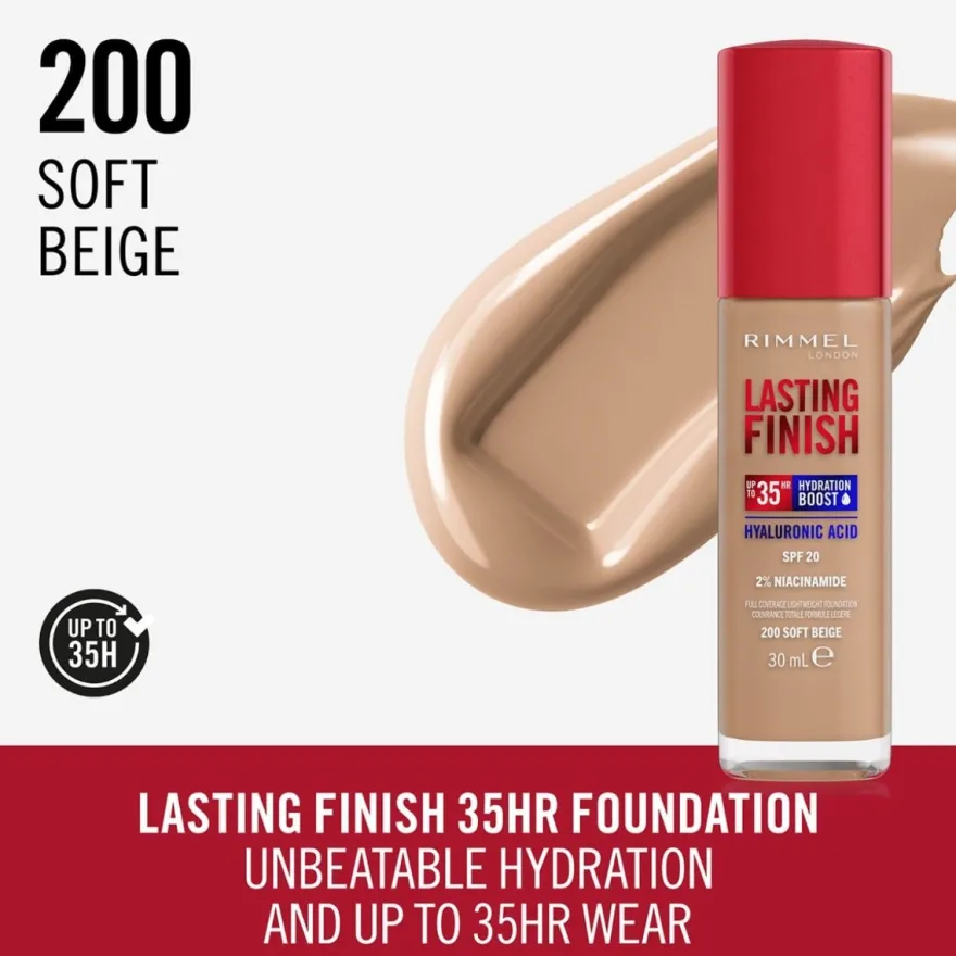 Rimmel Fondotinta Lasting Finish 35h Con Acido Ialuronico 200 Soft Beige 30ml