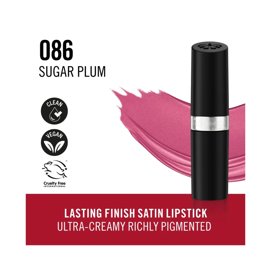 Rimmel Lasting Finish Rossetto Satinato Idratante Formula Vegana 4g 086 Sugar Plum